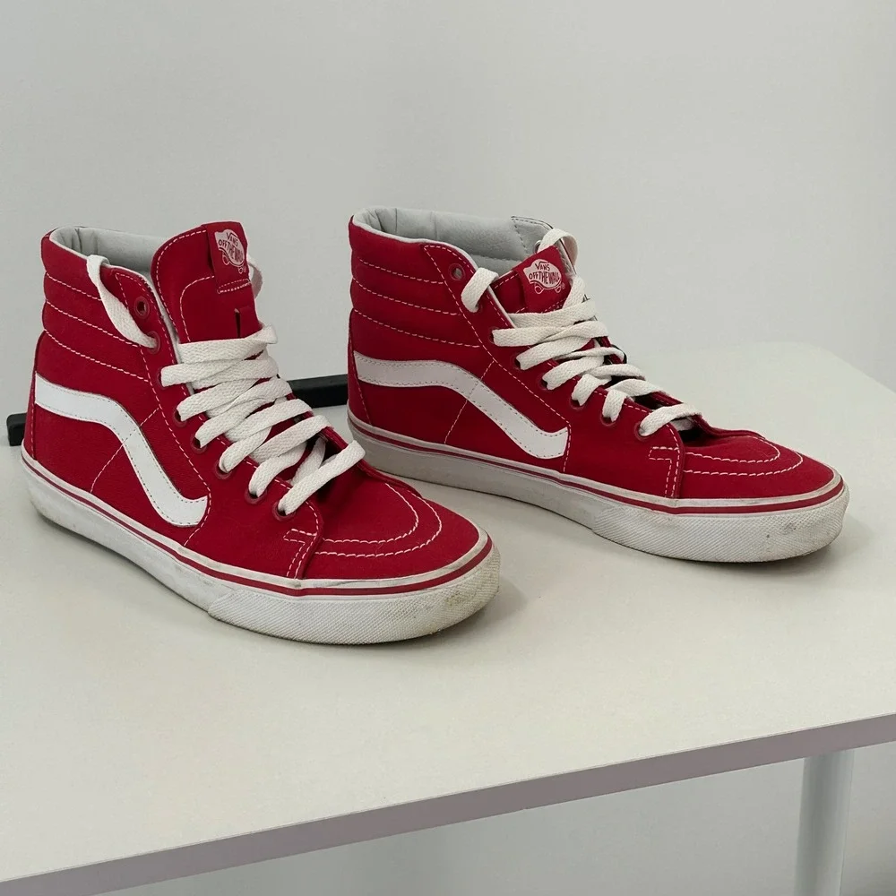 Vans Sk8-Hi High Top Sneakers Red White Canvas‎ Shoes Mens 6.5 Womens 8 Skater